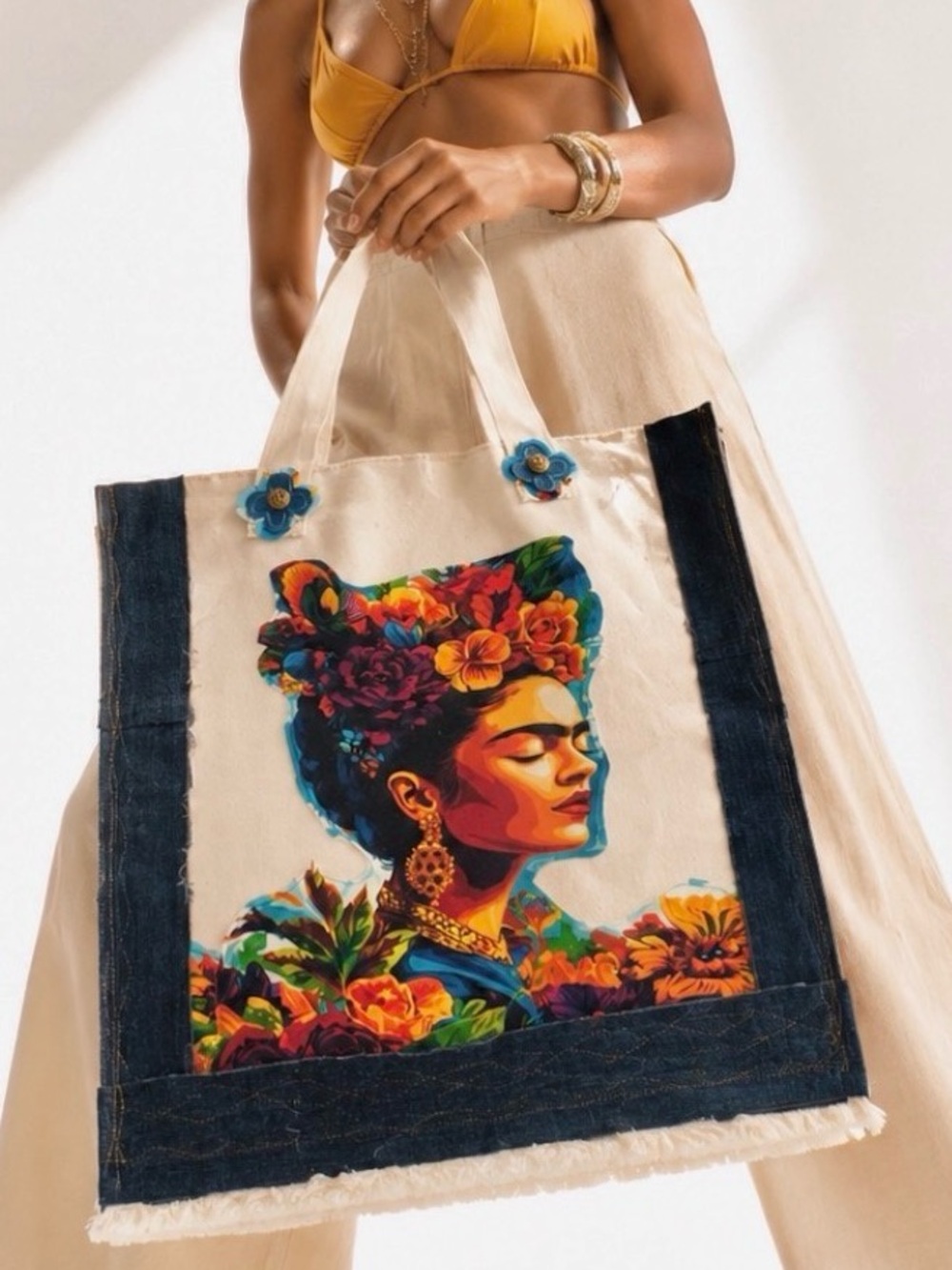 Handmade Frida Kahlo Oversized Tote Cotton Canvas Upcycled Denim Bag OOAK